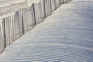 USA, Massachusetts, Nantucket Island. Madaket. Madaket Beach, sand fence and shadows