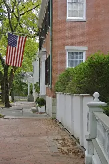 Nantucket Prints: USA, Massachusetts, Nantucket. A view down a Nantucket sidewalk