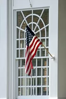USA, Massachusetts, Stockbridge, American flag by window