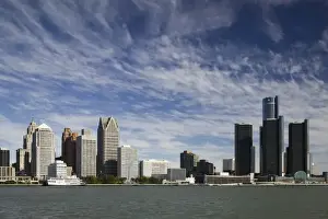 Sky Scraper Prints: USA, Michigan, Detroit: City Skyline along Detroit River from Windsor Ontario, CANADA
