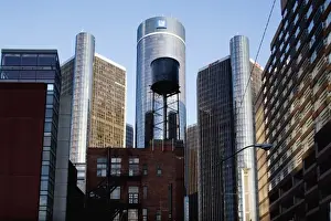 Sky Line Prints: USA, Michigan, Detroit, Old apartment water tower and General Motors corporate headquarters