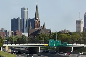 Sky Line Prints: USA, Michigan, Detroit, St. Joseph Catholic Church and GM Corporation Headquarters