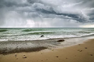 Lake Superior Prints: USA, Michigan, Upper Peninsula, Rain cloud over Pictured Rocks National Lakeshore