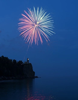 Great Lakes Prints: USA, Minnesota, Two Harbors, Split Rock Lighthouse, Fireworks celebrate the lights
