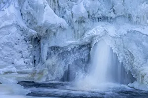 Lake Superior Prints: USA, Minnesota, Lake Superior. Partially frozen waterfall and pool