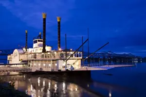 Mississippi Prints: USA, Mississippi, Natchez. Isle of Capri Casino riverboat on Mississippi River, dusk
