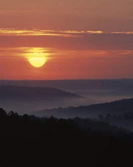 National Scenic Riverways Prints: USA, Missouri, Ozark National Scenic Riverways, Sunrise over the Current River Valley