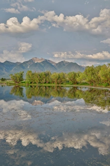 Mission Mountains Prints: USA, Montana, Allentown. Evening light of Mission Mountains reflected in small pond