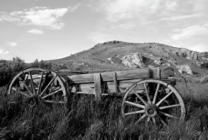 State Park Prints: USA, Montana, Bannack State Park Old wagon made of wood in grass near mining ghost town of Bannack