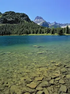 Shallow Prints: USA, Montana, Glacier NP. Rocks cover the shores of Swiftcurrent Lake in Glacier NP