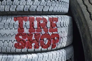 Tire Prints: USA, Nevada, Beatty, Tire shop sign painted on old tires