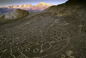 Images Dated 26th June 2007: USA, Nevada. Circular petroglyphs at the edge of the Great Basin, with the Sierra