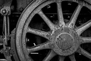 Railroad Prints: USA, Nevada, Ely. Black & White of train wheel