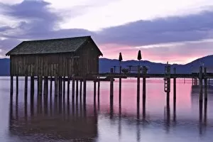 USA, Nevada, Lake Tahoe. Boat dock at sunrise