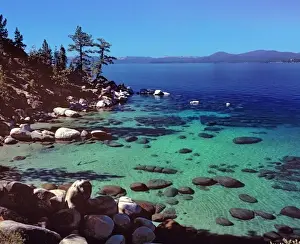 Lake Tahoe Prints: USA, Nevada, Lake Tahoe. A quiet summer day offers a peaceful view from Highway 28 onto Lake Tahoe