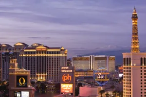 Images Dated 16th December 2008: USA, Nevada, Las Vegas. Aerial view north along Las Vegas Boulevard, dusk