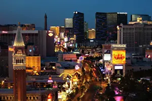 Elevated View Prints: USA, Nevada, Las Vegas, The Strip, Las Vegas Boulevard, high vantage view, dawn