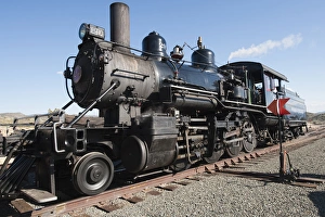 USA, Nevada. Old steam locomotive at historic Gold Hill train station, our side Virginia CIty