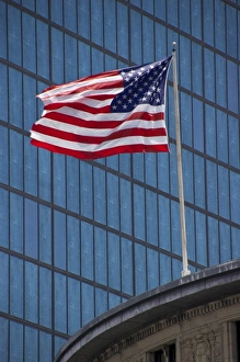 Blowing Prints: USA, New England, Massachusetts, Boston, Back Bay, American flag, John Hancock building
