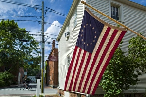 Atlantic Us Prints: USA, New Hampshire, Portsmouth, Strawberry Banke Historic Area, building with US flag