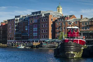 New Hampshire Prints: USA, New Hampshire, Portsmouth, waterfront buildings with tugboat