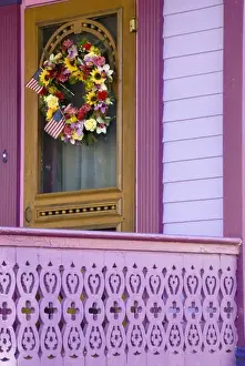 Porch Prints: USA, New Jersey, Cape May. Cheerful wreath on front porch door. Credit as: Jay O Brien