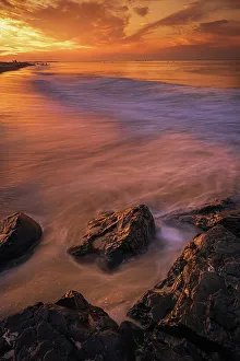 Moody Prints: USA, New Jersey, Cape May National Seashore. Sunrise on shoreline