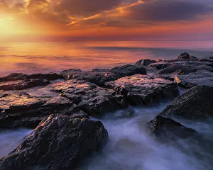 Moody Prints: USA, New Jersey, Cape May National Seashore. Sunrise on shoreline