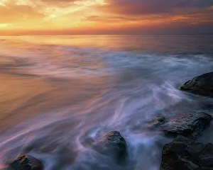 Moody Prints: USA, New Jersey, Cape May National Seashore. Sunrise on shoreline