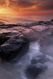 Moody Prints: USA, New Jersey, Cape May National Seashore. Sunrise on shoreline