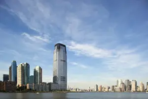 Manhattan Prints: USA, New Jersey, Jersey City, Manhattan skyline rises above Hudson River across
