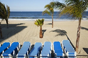Palms Prints: USA, New Jersey, Monmouth Beach, Stacked beach chairs on windswept and nearly empty