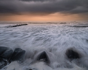 Jay Obrien Prints: USA, New Jersey, Wildwood. Stormy sunrise on beach and ocean