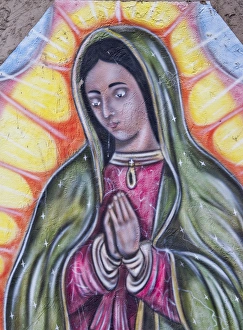 Hispanic Prints: USA, New Mexico, Chimayo - Painting representing the Virgin of Guadalupe on the outside