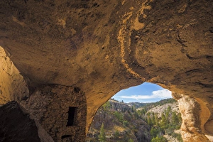 Ruins Prints: USA, New Mexico, Gila Cliff Dwellings National Monument. View from inside ruins. Credit as
