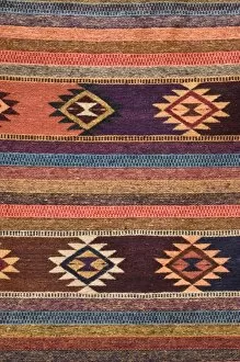 USA, New Mexico, Madrid. Detail in colorful woven rug