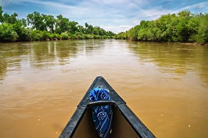 Sandoval County Prints: USA, New Mexico, Rio Grande River. Bow of canoe on river