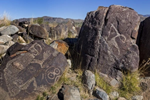Rock Art Prints: USA, New Mexico, Three Rivers Petroglyph Site. Petroglyph etchings on rocks. Credit as
