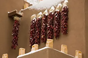 Ristra Prints: USA, New Mexico, Santa Fe. Close-up of chili pepper ristras hanging on snowy side of adobe building