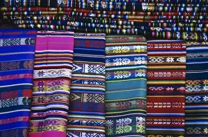 Blanket Prints: USA, New Mexico, Santa Fe. Display of colorful blankets for sale