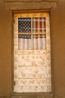 Pueblo Prints: USA, New Mexico, Taos: Taos Indian Pueblo (b. 1450) Patriotic & Artistic Pueblo Door