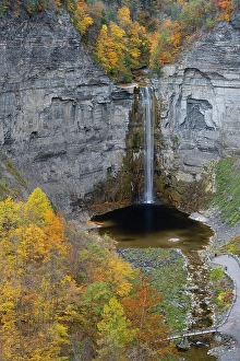 Images Dated 4th May 2024: USA, New York. Creek, fall foliage and Taughannock Falls at State Park