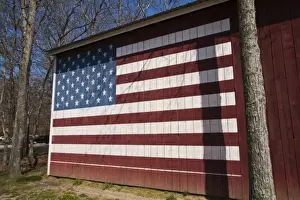 Long Island Prints: USA, New York, East Hampton. Barn with USA flag in the hamlet of Springs