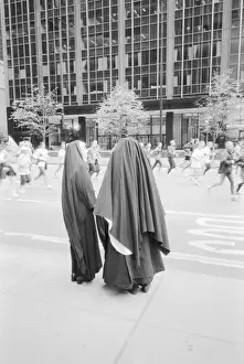 Black And White Prints: USA, NEW YORK: New York City Nuns Watching NYC Marathon