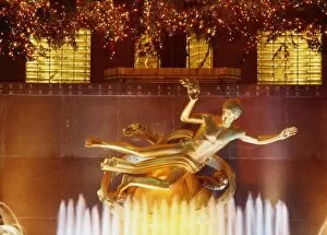 USA, New York, New York City, Statue of Prometheus, Rockafller Center December Evening