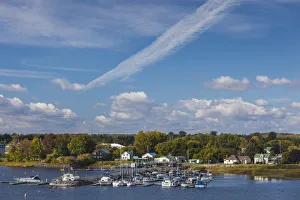 Lake Champlain Prints: USA, New York, Rouses Point. town marina along Lake Champlain, autumn