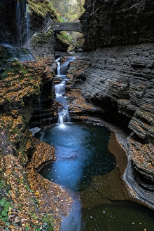 Images Dated 4th May 2024: USA, New York. Series of waterfalls and bridge in Watkins Glen State Park