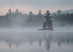 Images Dated 23rd May 2017: USA, New York State. Morning mist and reflections on Lake Durant, Adirondack Mountains