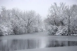 New York State Prints: USA, New York State. Winter snowfall on the Erie Canal, Cedar Bay Park