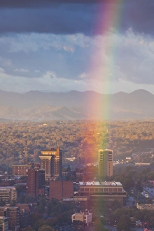 East Coast Prints: USA, North Carolina, Asheville, elevated city skyline with rainbows, dawn